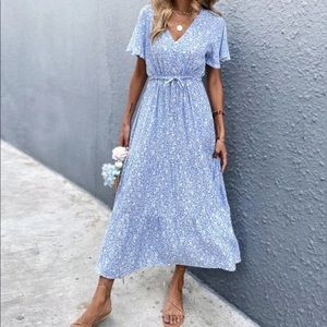 Boho floral drawstring waist butterfly sleeve dress